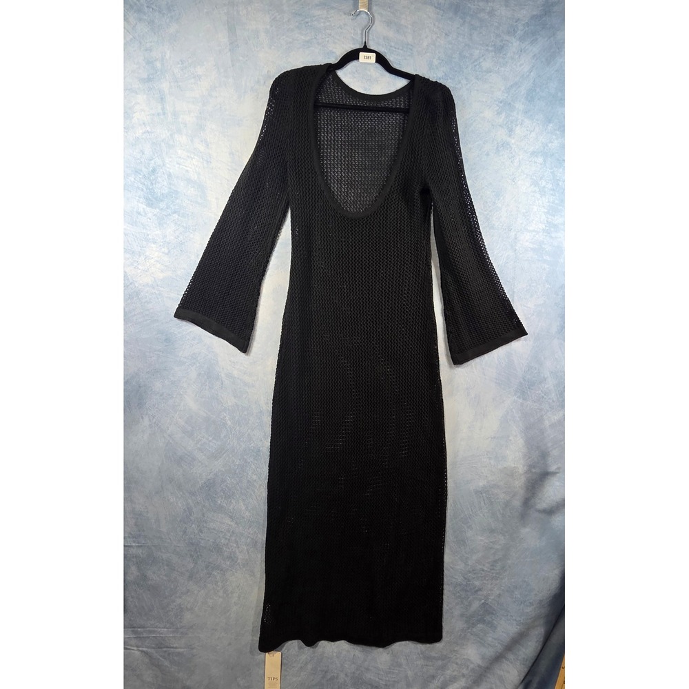Saodimallsu Womens Black Crochet Knit Maxi‎ Dress Bell Sleeve Cover Up M6D323 S